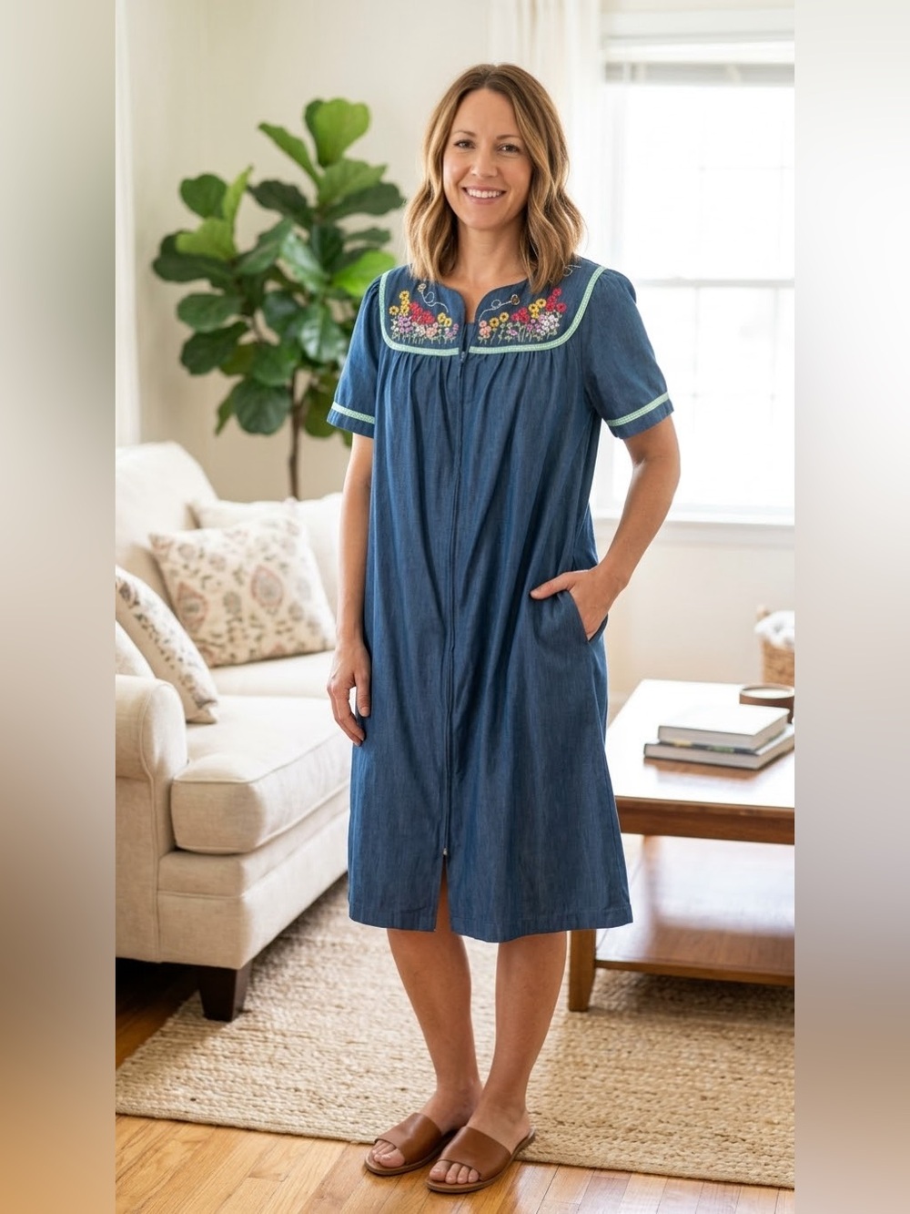 Go Softly Patio Dress Denim
Chambray Floral Embroidered
House Dress / Lounger